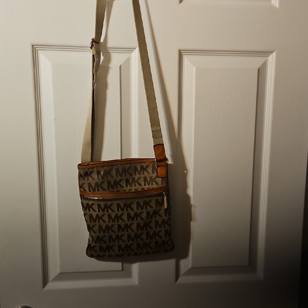 Michael Kors Tan Messenger Bag with Signature MK Pattern